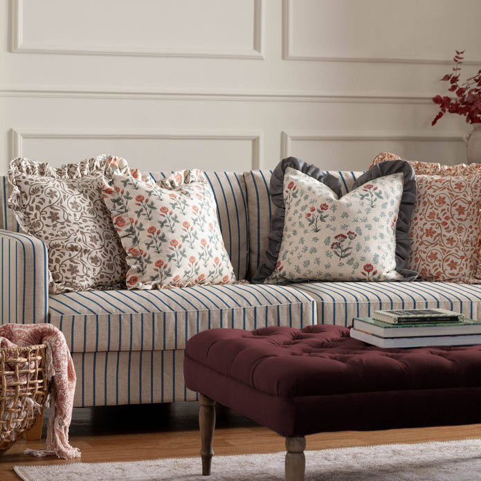 Beige Linen Filigree Printed Ruffle Cushion Cover