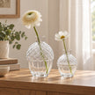 Two glass acorn vases with white flowers