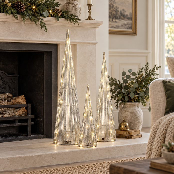 Silver Sparkly Light-Up LED Trees – Set of 3