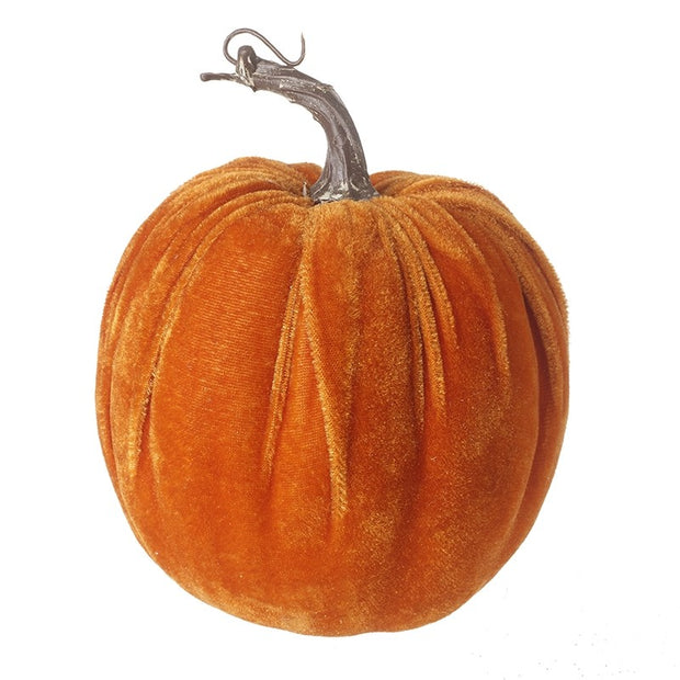 Small Orange Velvet Pumpkin, orange velvet pumpkin with a curved stalk against white