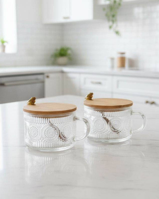Starlight Express glass breakfast coffee mug with matching spoon, clear and stylish for kitchen and dining use.