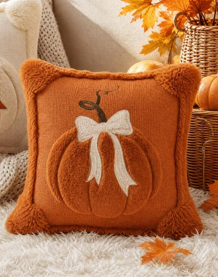 Orange Fluffy Pumpkin With Bow Cushion Cover