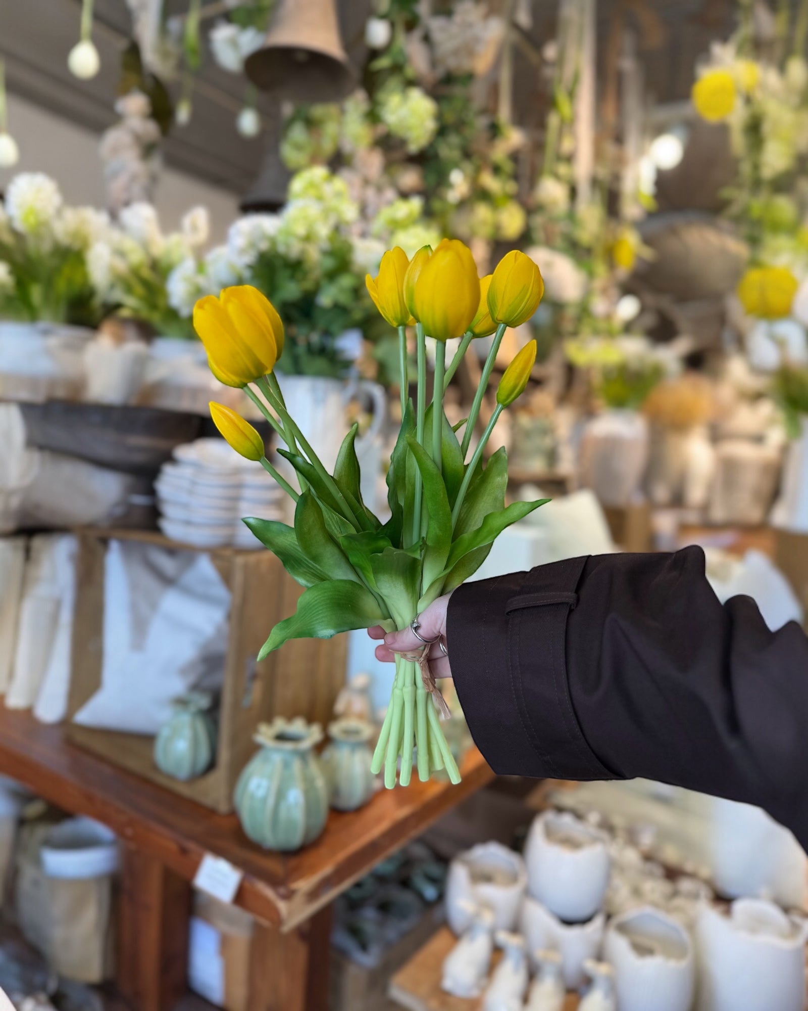 Bunch of 5 yellow artificial tulip stems by Starlight Express, spring flowers with realistic green leaves and vibrant yellow petals