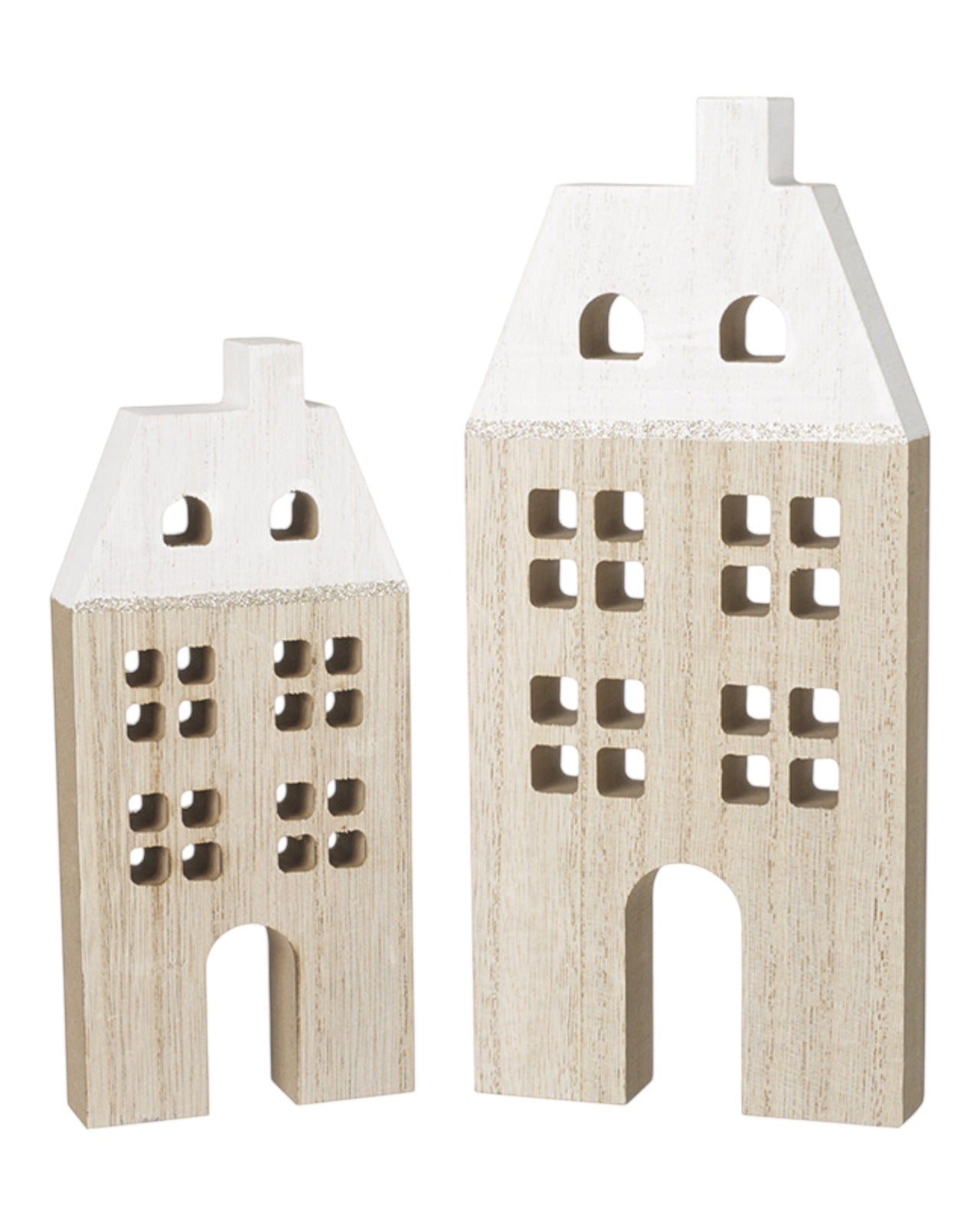 Two wooden house-shaped ornaments on a white background