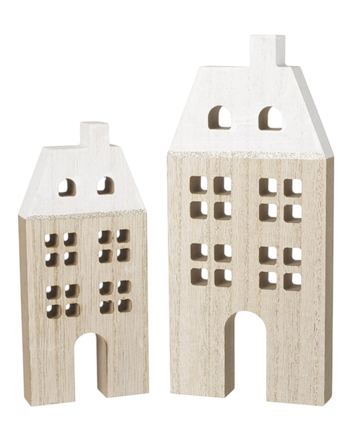 Two wooden house-shaped ornaments on a white background