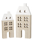 Two wooden house-shaped ornaments on a white background
