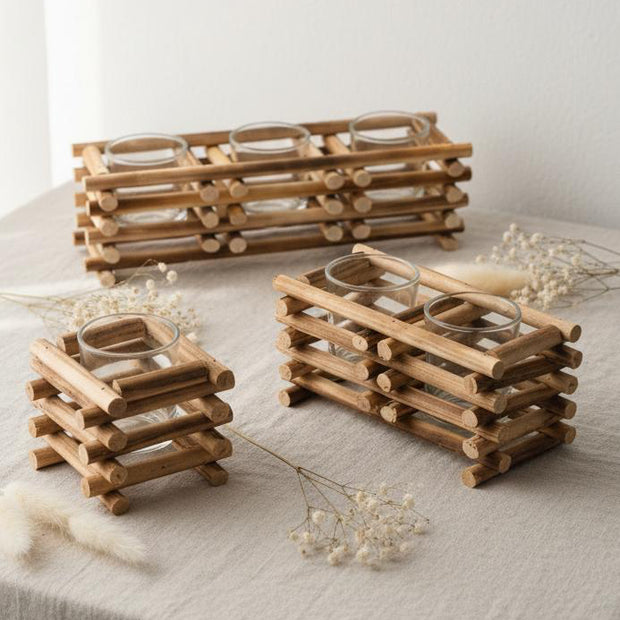 Wooden Coastal Tealight Candle Holder, single, double and triple wooden holders with glass inserts
