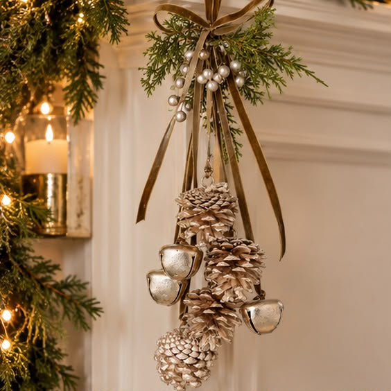 Gold Fir Cone And Bells Hanger Decoration