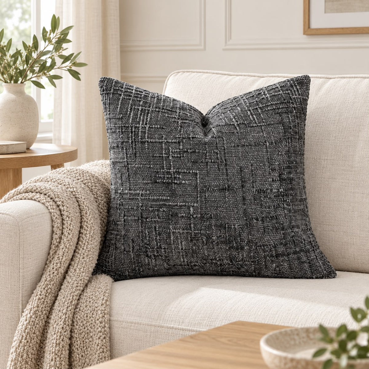 Charcoal Grey Chenille Textured Cushion Cover