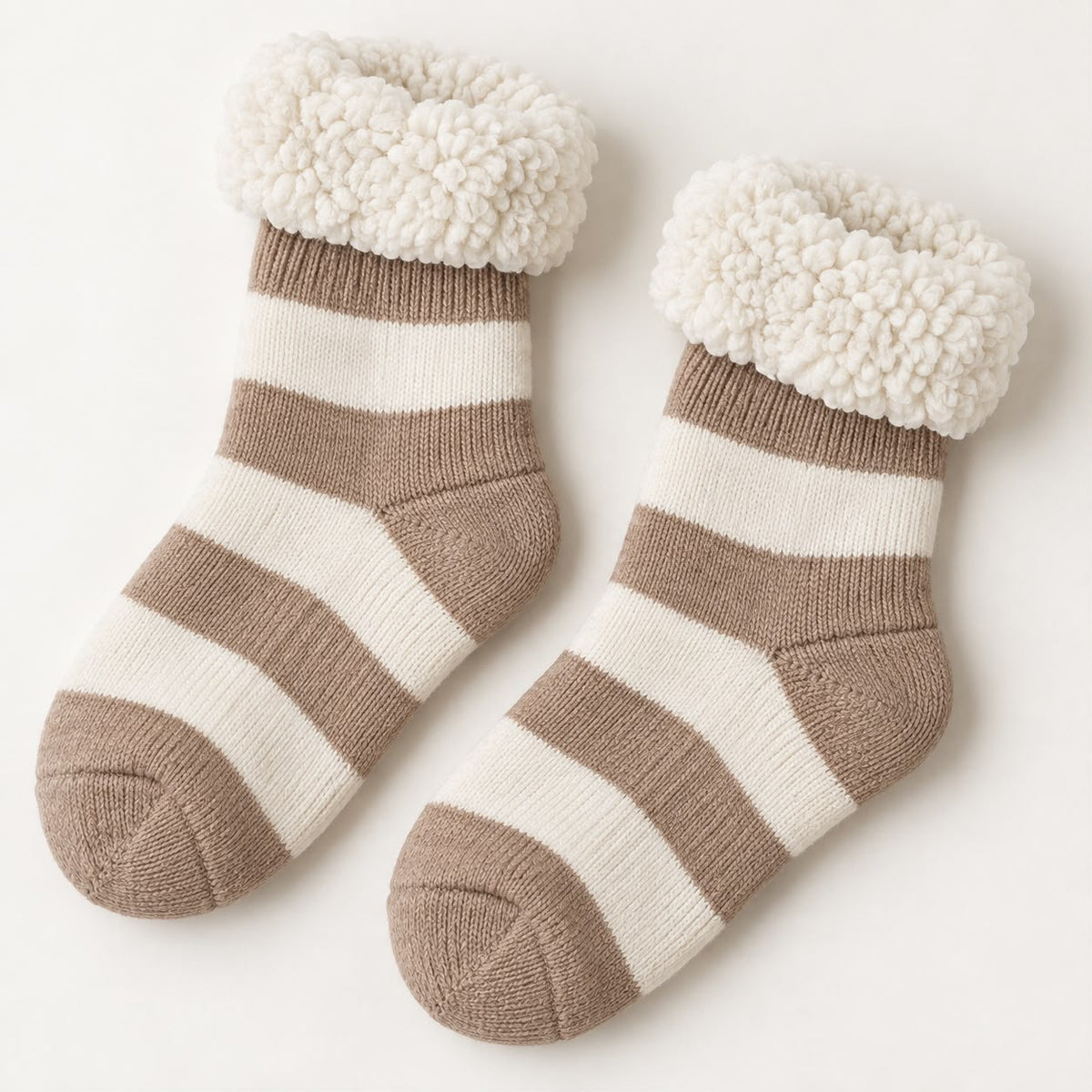 Cosy Slipper Socks - Beige Striped, pair of beige striped slipper socks with fluffy cream cuffs