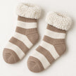 Cosy Slipper Socks - Beige Striped, pair of beige striped slipper socks with fluffy cream cuffs