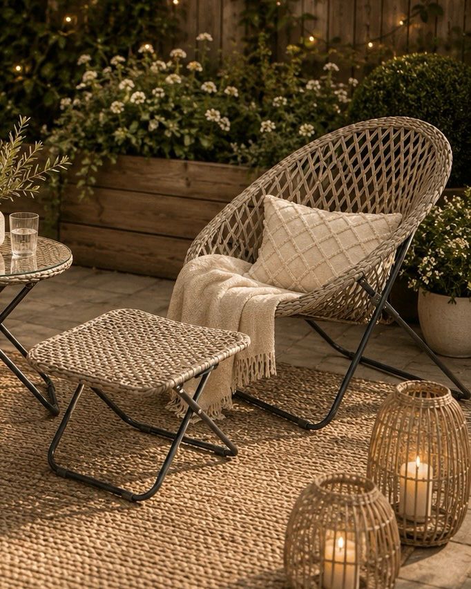 Rattan Snug Garden Furniture Chair, Stool & Table Set - Natural
