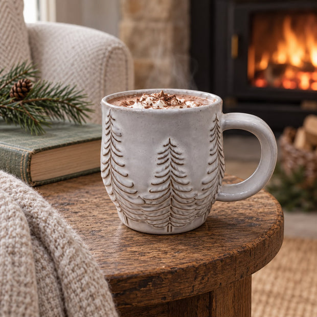 Embossed Frosted Pine Trees Mug, grey embossed pine tree mug with a hot drink beside a fireplace