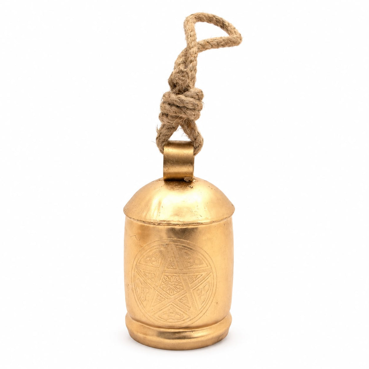Large Brass Gold Cow Bell On Rope, whole gold-coloured bell and rope loop against white