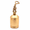 Large Brass Gold Cow Bell On Rope, whole gold-coloured bell and rope loop against white