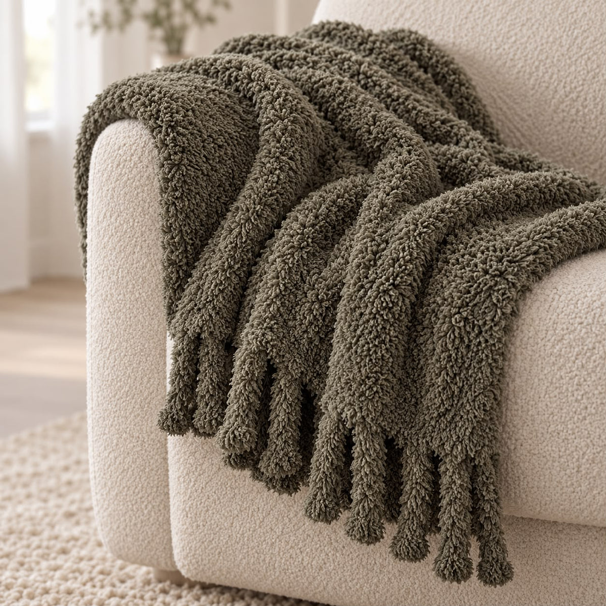 Olive Green Sherpa Tasselled Blanket Throw
