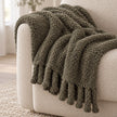 Olive Green Sherpa Tasselled Blanket Throw