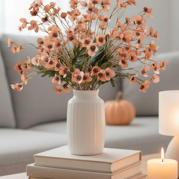 Artificial Daisy Flower Stem - Orange, orange daisy stems in a ribbed white vase on books