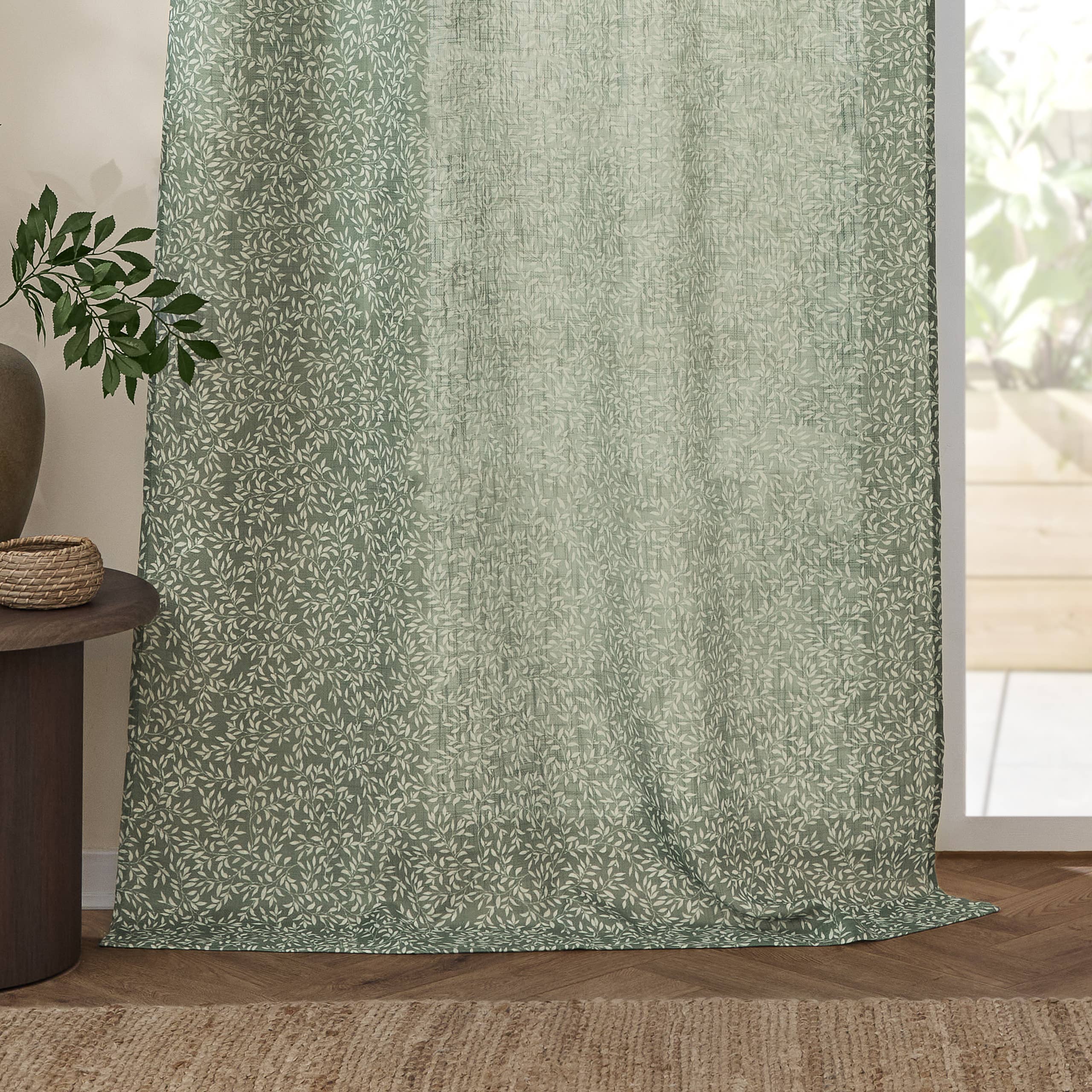 Yard Leaf Patterned Green Woven Sheer Voile Curtain Panel