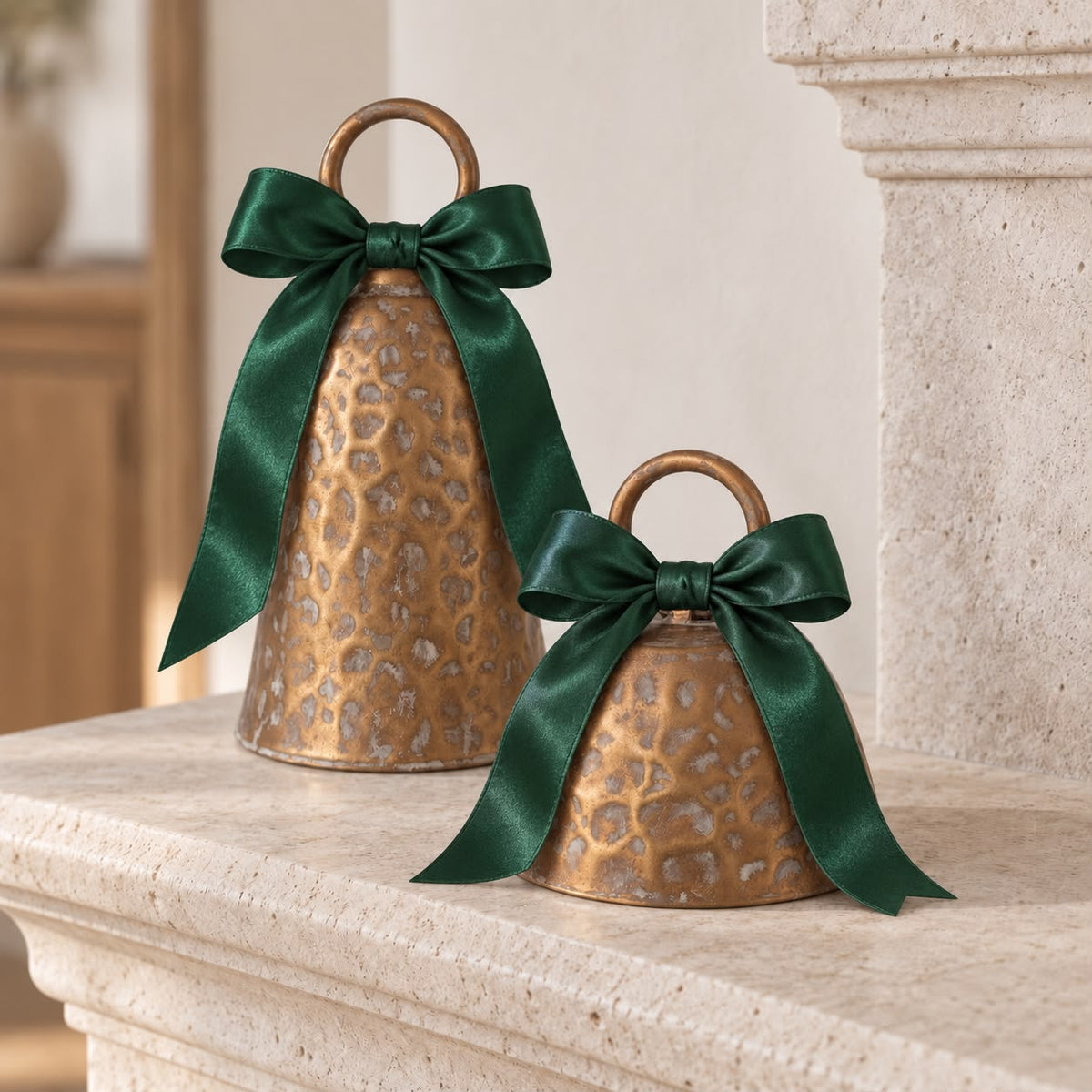 Brass Metal Cloche Cow Bell, two brass cloche bells decorated with green bows