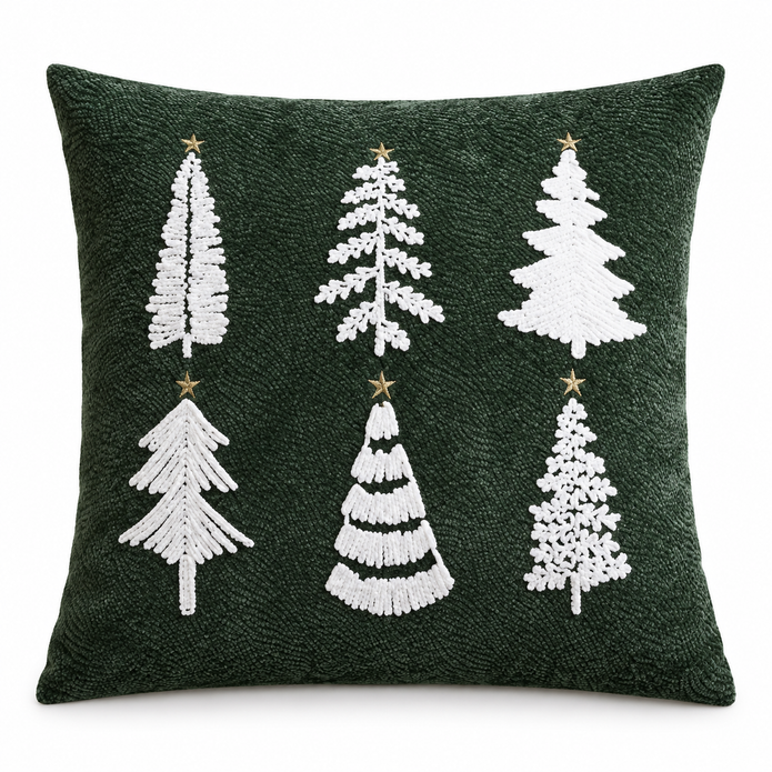 Green Embroidered Fluffy Christmas Tree Cushion Cover