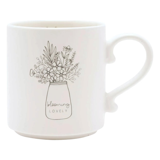 Beige Moments Mug -  Friends - Neutral Ceramic Coffee Cup, front view of the cream mug with floral illustration