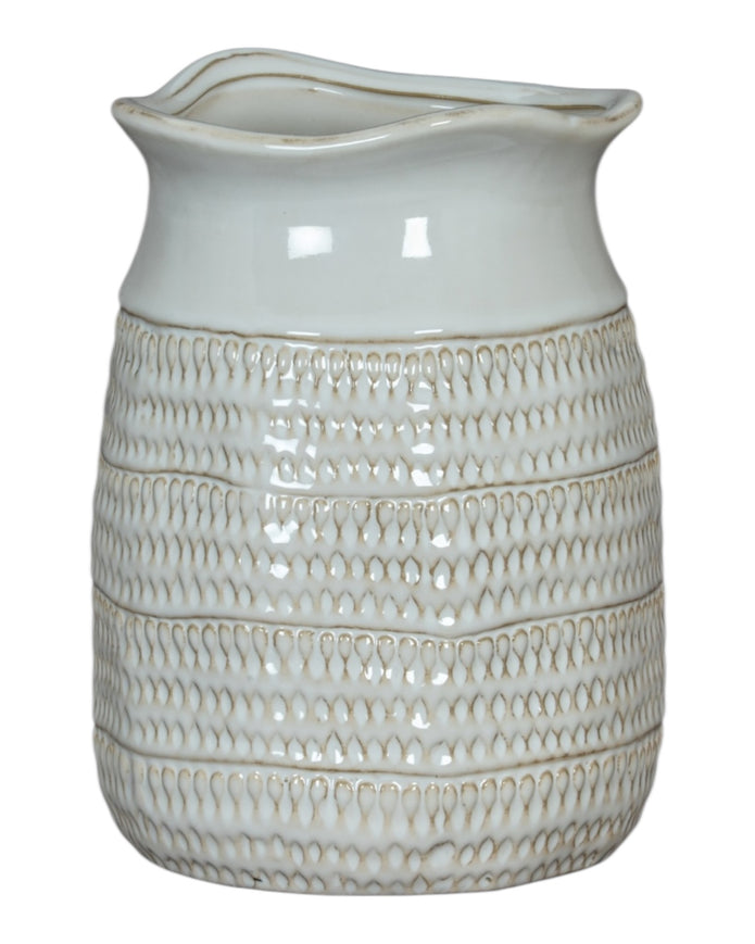 White ceramic vase with textured surface and wide neck, designed by Hill Interiors, ideal for home decor.