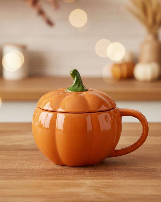 Orange Ceramic Pumpkin Mug With Lid