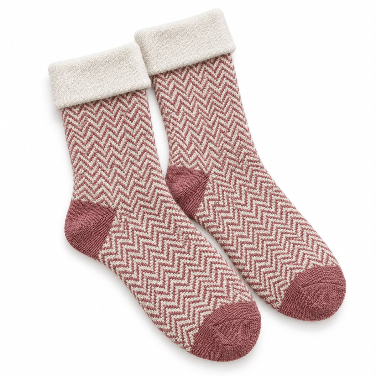 Cosy Cuff Socks - Pink Herringbone, pink and cream herringbone socks against white