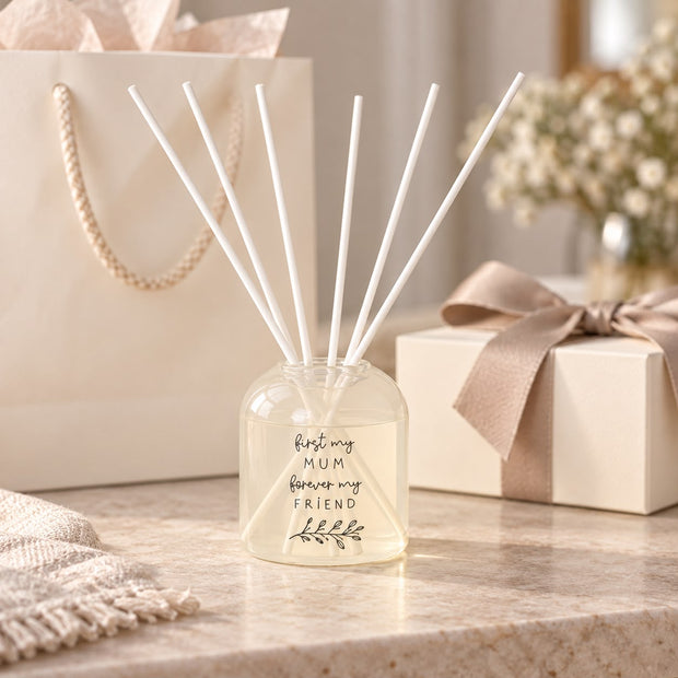 Beige Moments Clear Glass Reed Diffuser - Mum Forever Friend, Mum Forever Friend diffuser beside a gift bag and box