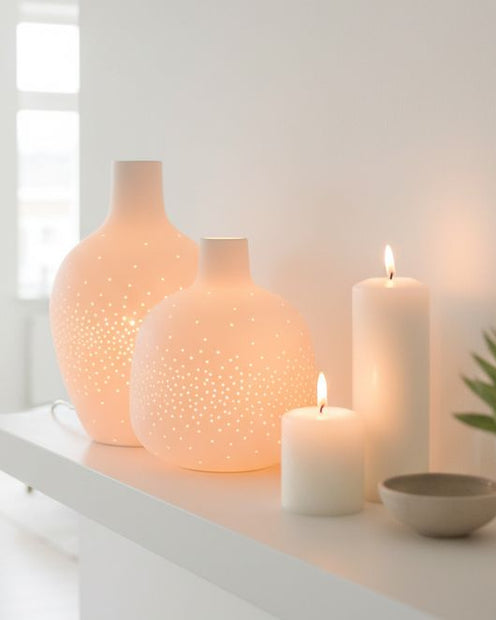 White Ceramic Loire Bottle LED Table Lamp, two white perforated bottle lights glowing beside candles