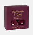 Set of Shearer Candles Frankincense and Myrrh Christmas tealights in glass holders, perfect for holiday ambiance.