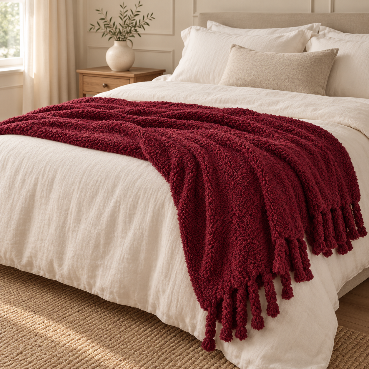 Burgundy Sherpa Tasselled Blanket Throw
