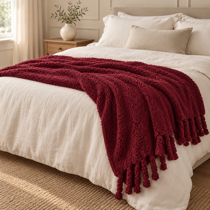 Burgundy Sherpa Tasselled Blanket Throw