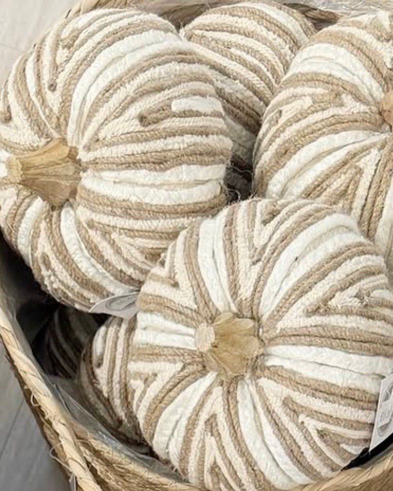 Beige Cream Fabric Stripe Pumpkin – Elegant Neutral Autumn Decoration