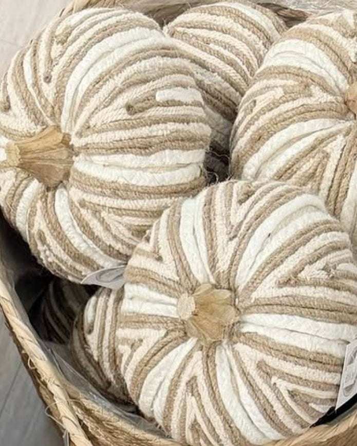 Beige Cream Fabric Stripe Pumpkin – Elegant Neutral Autumn Decoration