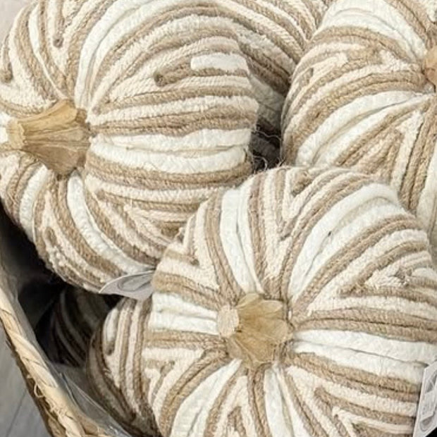 Beige Cream Fabric Stripe Pumpkin – Elegant Neutral Autumn Decoration, group of beige and cream striped fabric pumpkins