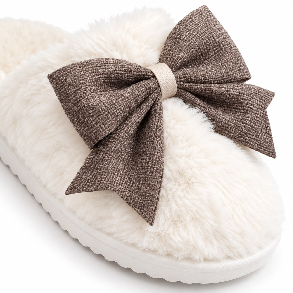 Slippers - Cream And Brown Bow