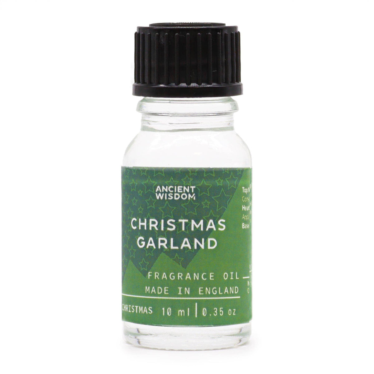 Ancient Wisdom Christmas Garland Fragrance Oil 10ml bottle with festive holiday-themed label and clear plastic cap.