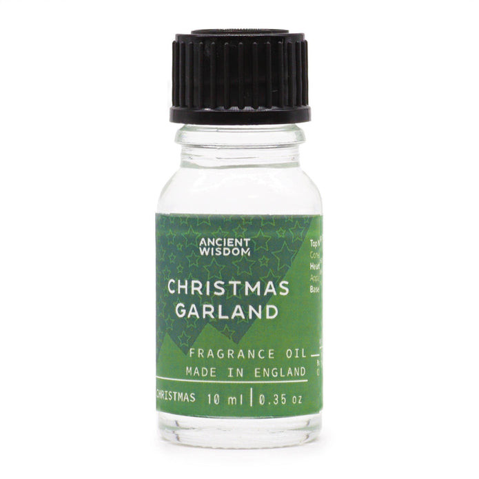 Ancient Wisdom Christmas Garland Fragrance Oil 10ml bottle with festive holiday-themed label and clear plastic cap.
