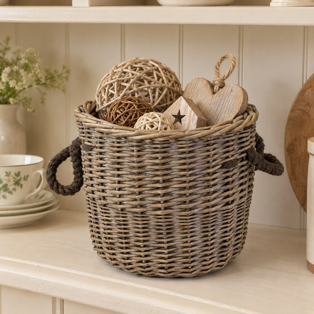 Round Log Basket with Rope Handles