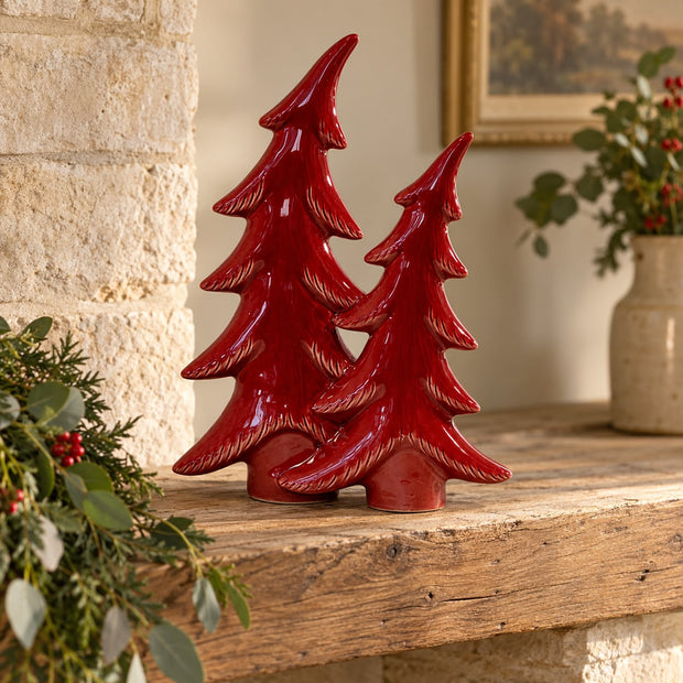 Large red ceramic double Christmas trees by Satchville, festive holiday decor with detailed tree designs for Christmas celebrations.