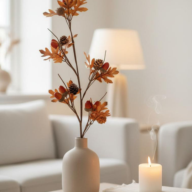 Artificial acorn leaf stem in autumn colors, natural-looking foliage for seasonal decoration by Candlelight Products Ltd.