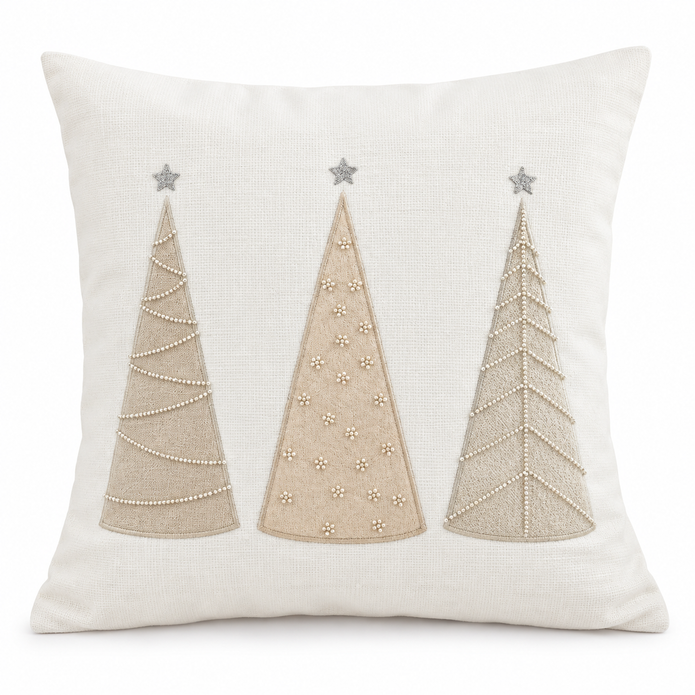 Cream Beaded Christmas Tree Cushion Cover