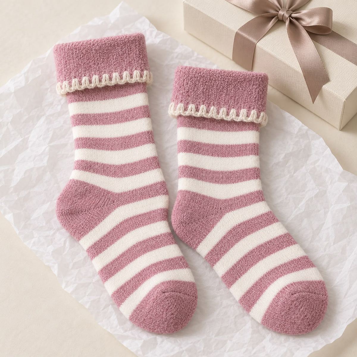 Super Cosy Fluffy Cuff Socks - Pink Stripe, pink and cream striped socks beside a wrapped gift