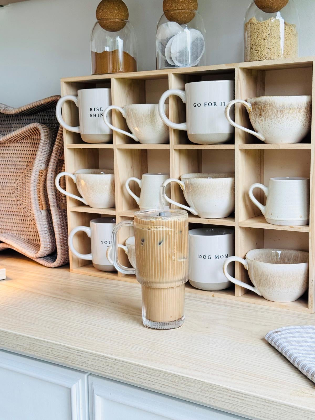 Wooden mug display shelf unit by Starlight Express, ideal for kitchen and dining room organization with multiple hooks.