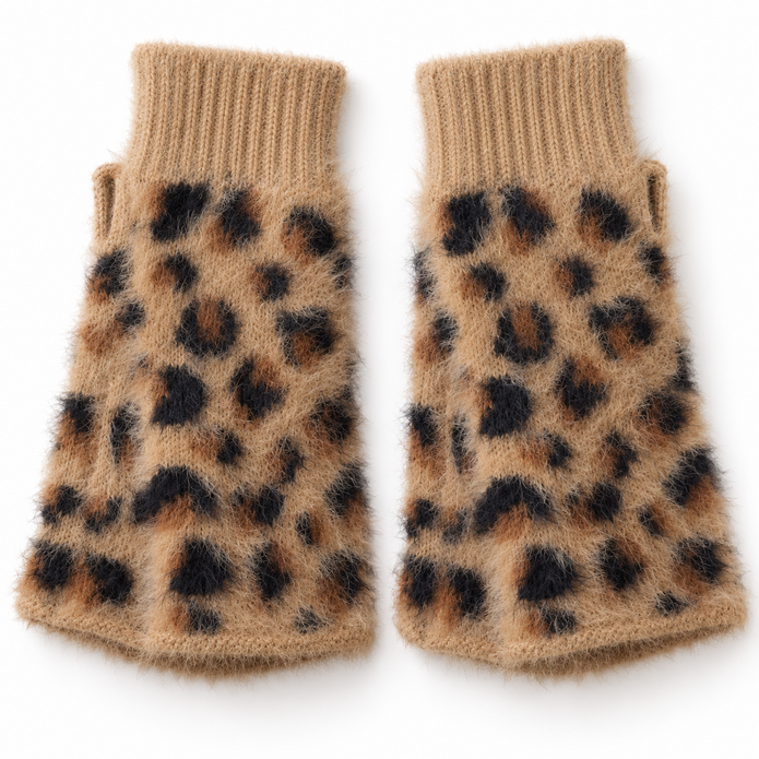 Tan Leopard Fluffy Knit Fingerless Gloves