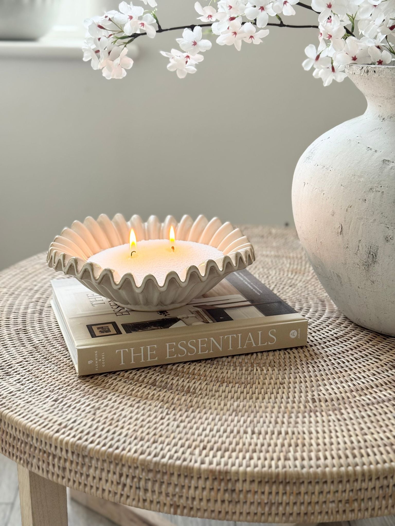 Neutral ceramic glazed ribbed wavy bowl, Wikholmform home décor piece with textured, sculptural design and smooth finish.