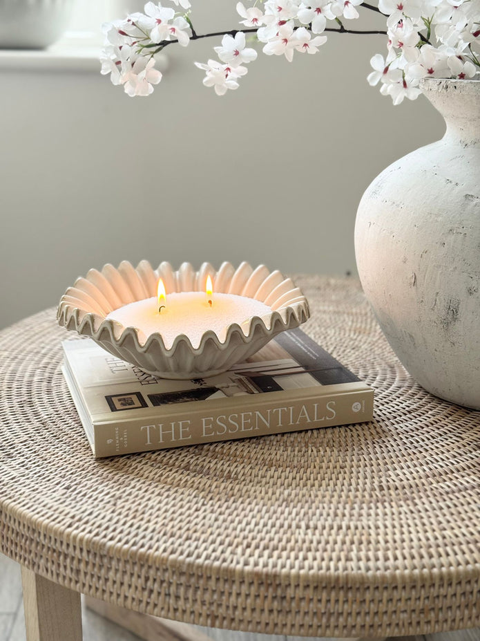 Neutral ceramic glazed ribbed wavy bowl, Wikholmform home décor piece with textured, sculptural design and smooth finish.