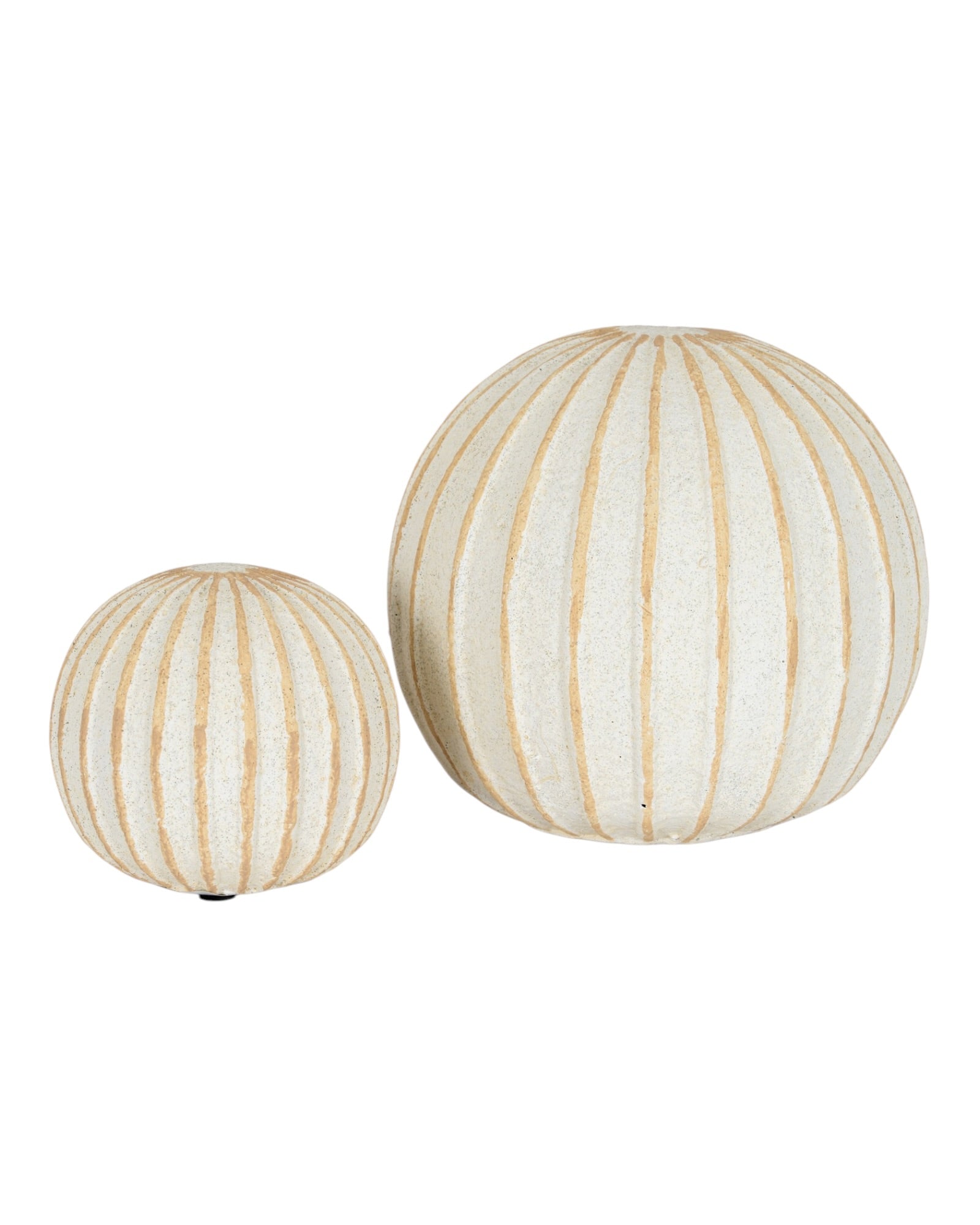 Decorative striped globe-shaped ball for home décor by Hill Interiors, featuring colorful stripes and a smooth surface.